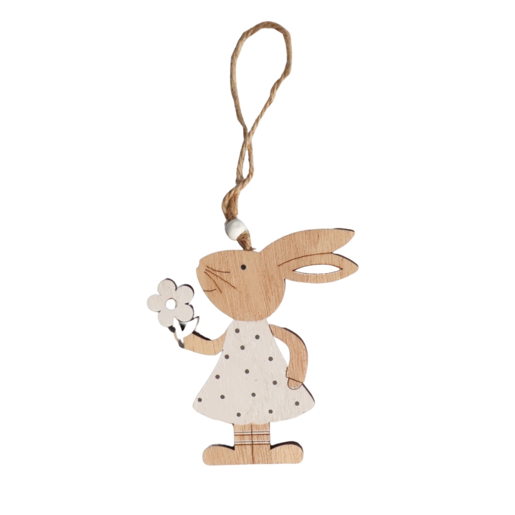 Zajíc závěsný dřevo 9,5 cm – velikonoční dekorace s kytičkou